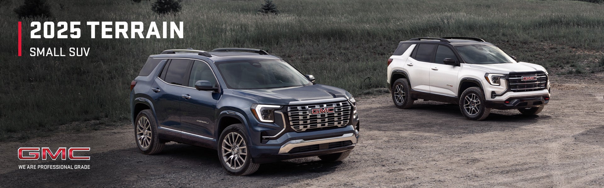 Two 2025 GMC Terrain Black and White Small Suvs